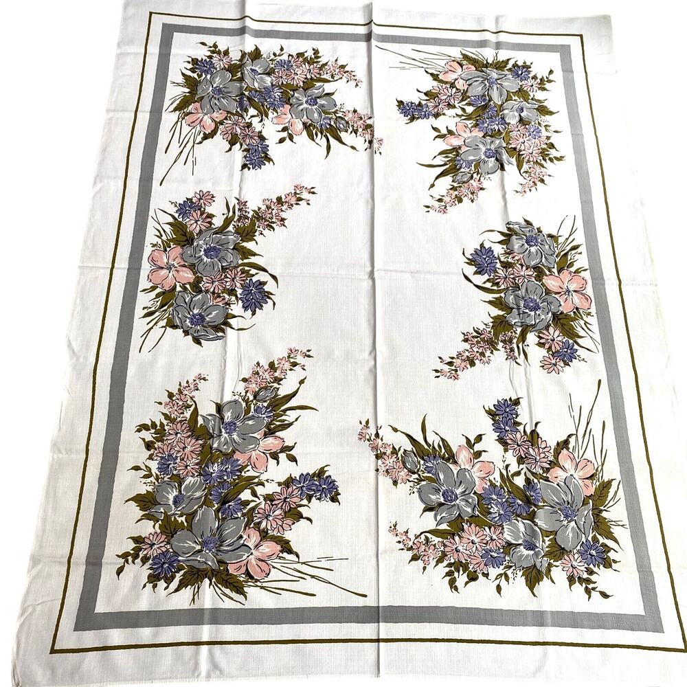 Vintage Simtex USA tablecloth retro pink purple gray sage floral rectangle cloth